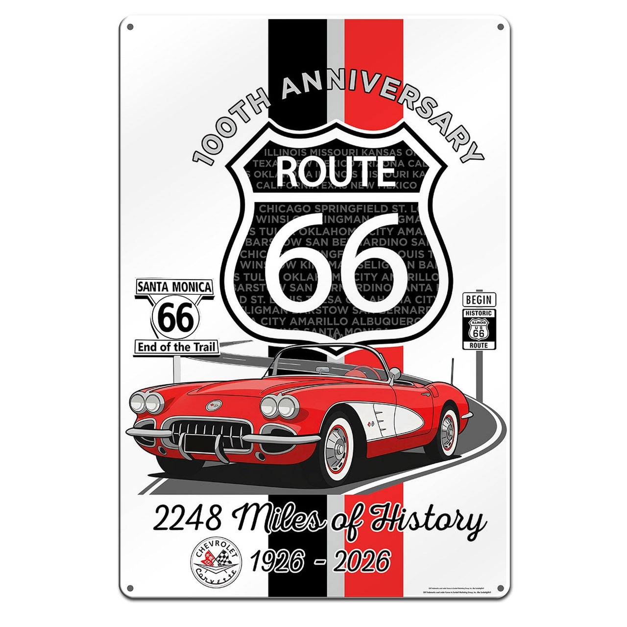C1 Corvette Route 66 100th Anniversary 12x18 Metal Sign – Red & White Corvette Edition