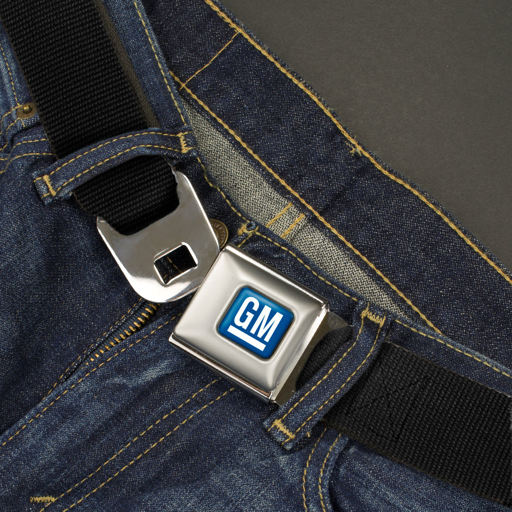 GM Logo Full Color Blue/White Seatbelt Belt - Black Webbing