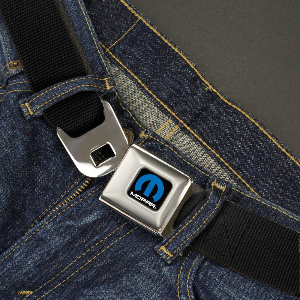 Mopar Black & Blue Logo Seatbelt Belt - Black Webbing