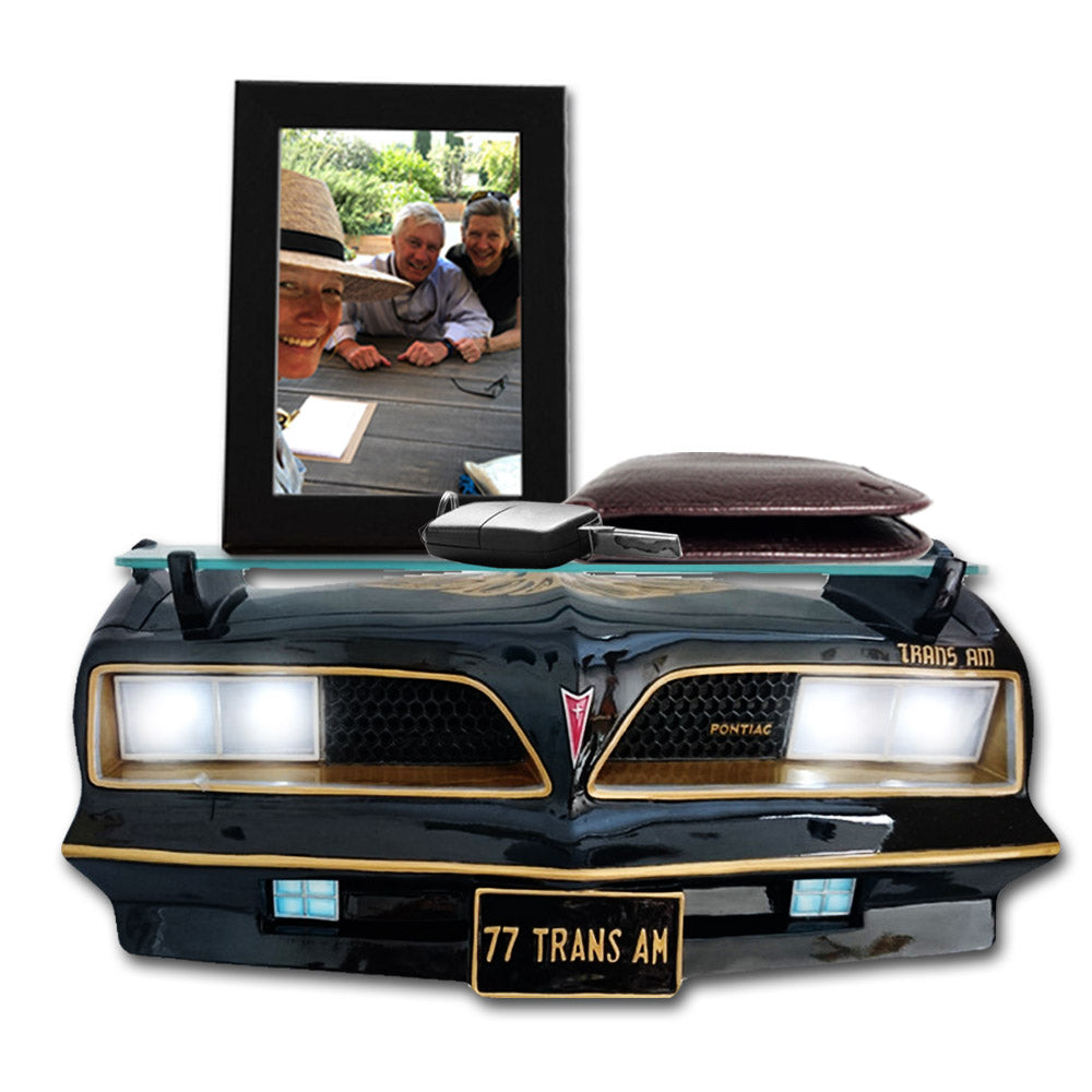 1977 SE Pontiac Trans AM Wall Floating Shelf, Black and Golds, 19x7.1x7.2 inches, Tempered Glass, Battery Powered LED Headlights, Car Enthusiast Gift, Classic Car Decor, Pontiac Collector