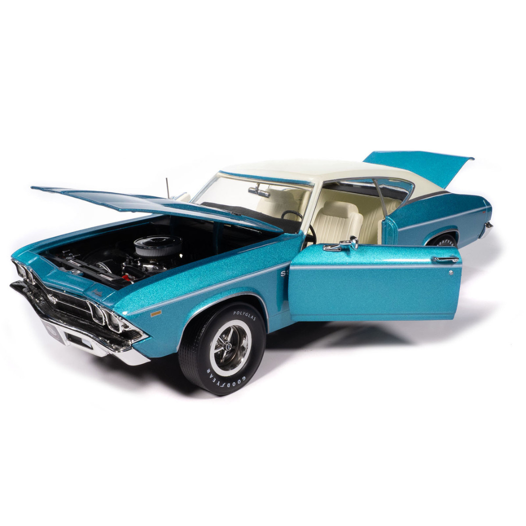 1969 Chevrolet Chevelle SS 396 Azure Turquoise Metallic with White Stripes White Vinyl Top and Interior "Muscle Car & Corvette Nationals" (MCACN) "American Muscle" Series 1/18 Diecast Model Car