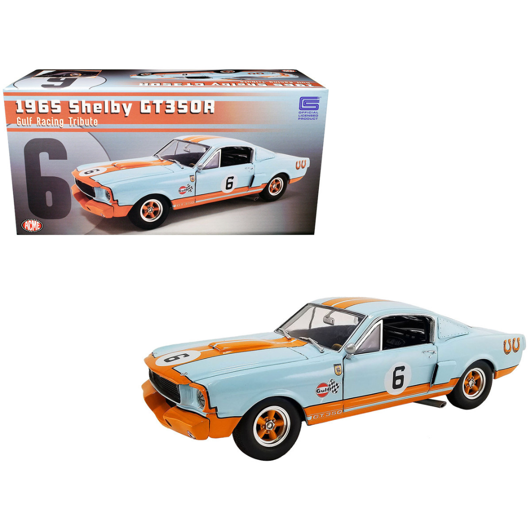 1965 Shelby GT350R #6 Light Blue with Orange Stripes "Gulf Racing Tribute" Limited Edition 1/18 Diecast Model Car