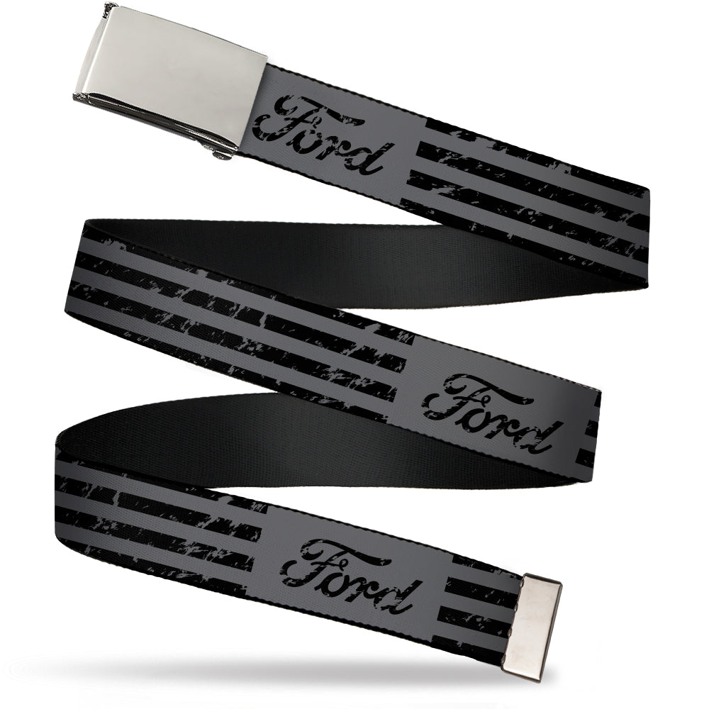 Ford Script Weathered Gray & Black Striped Web Belt Blank Chrome Buckle