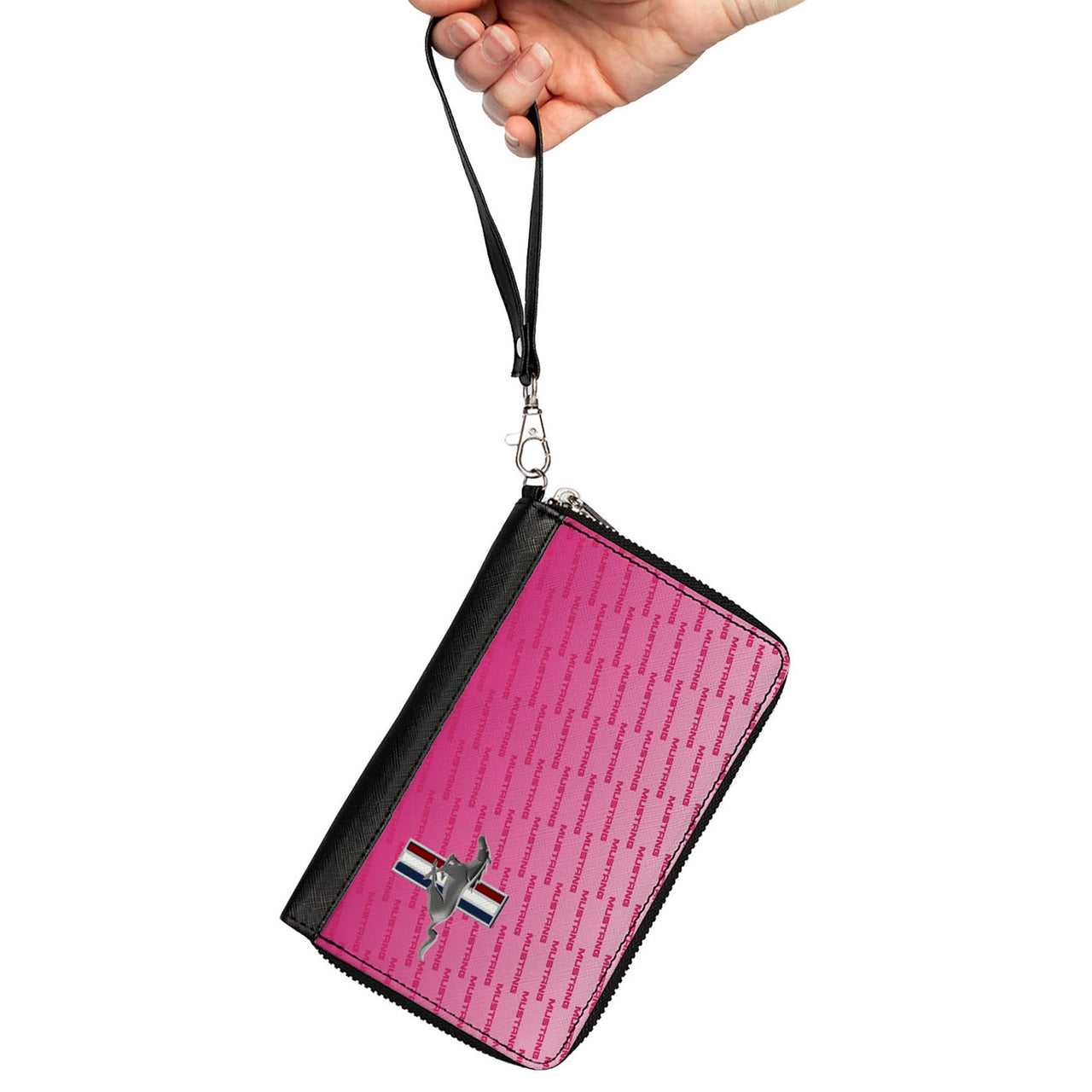 Ford Mustang Tri-Bar w/Text Pink PU Zip Around Wallet