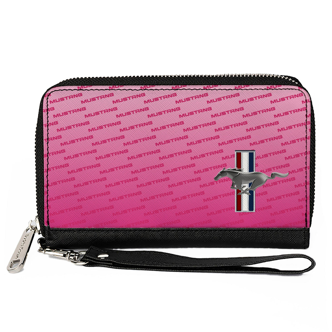 Ford Mustang Tri-Bar w/Text Pink PU Zip Around Wallet