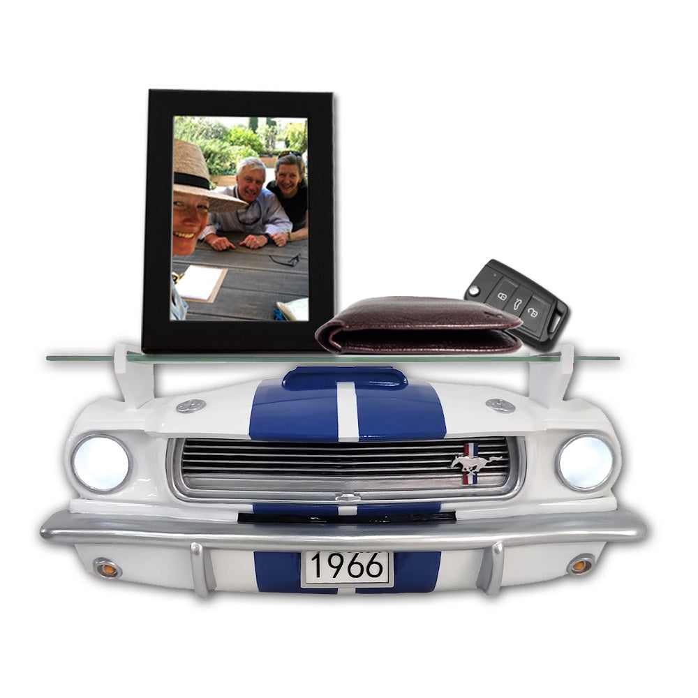 1966 Carroll Shelby GT350 Floating Shelf, White with Blue Stripes, 19.7x5.9x7.9 inches, Tempered Glass, LED Headlights