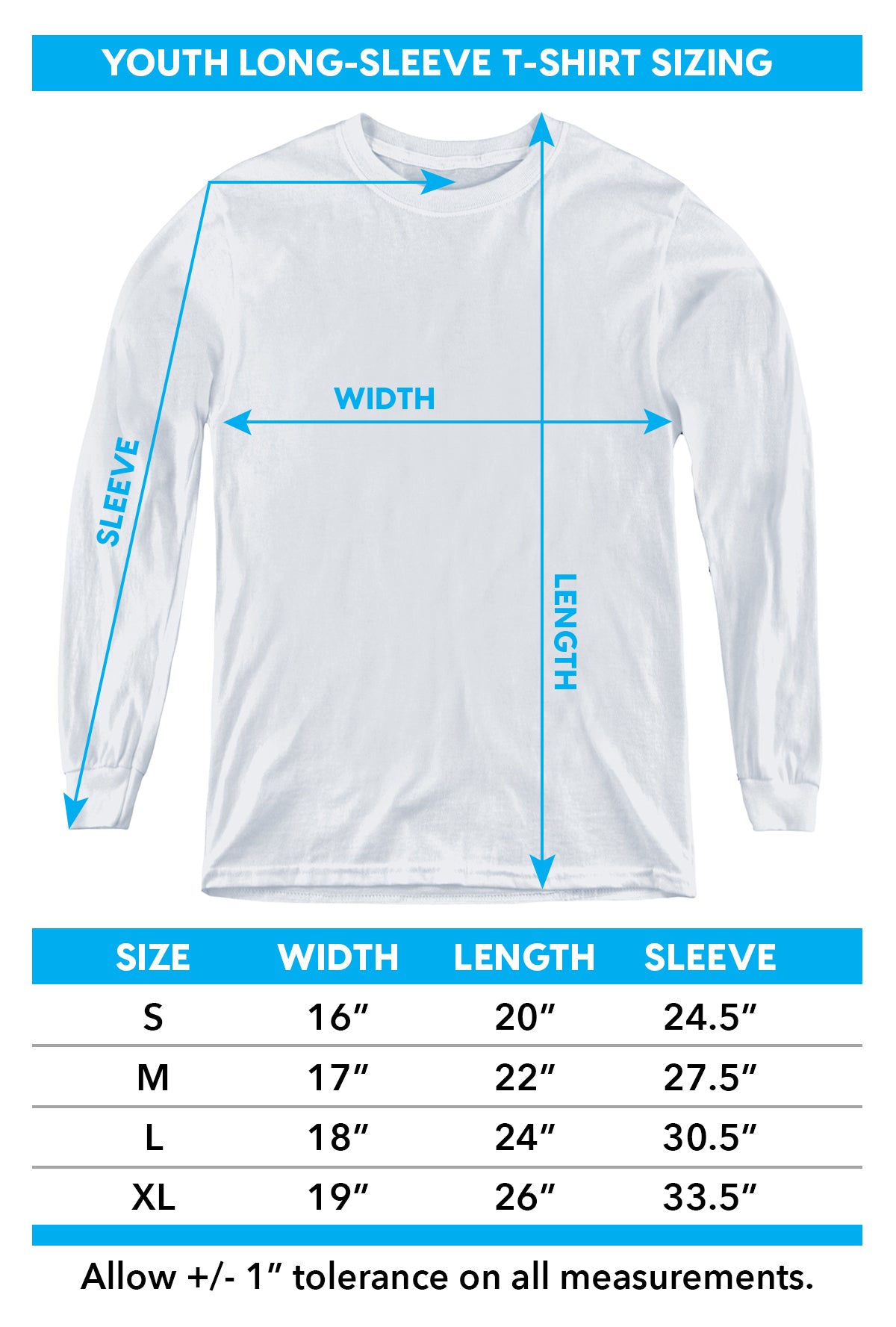 Youth long sleeve shirt size chart