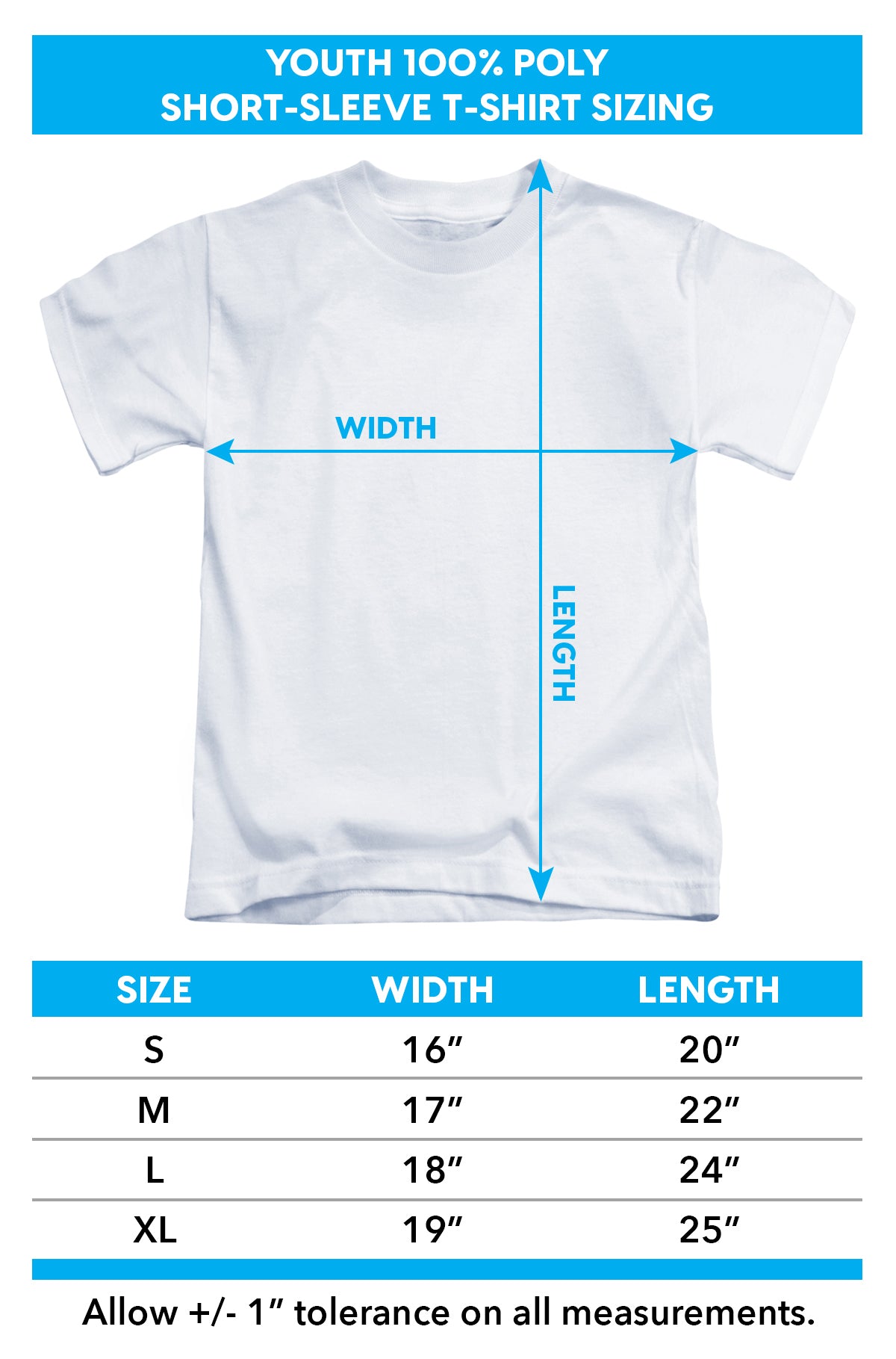 Youth poly t-shirt size chart