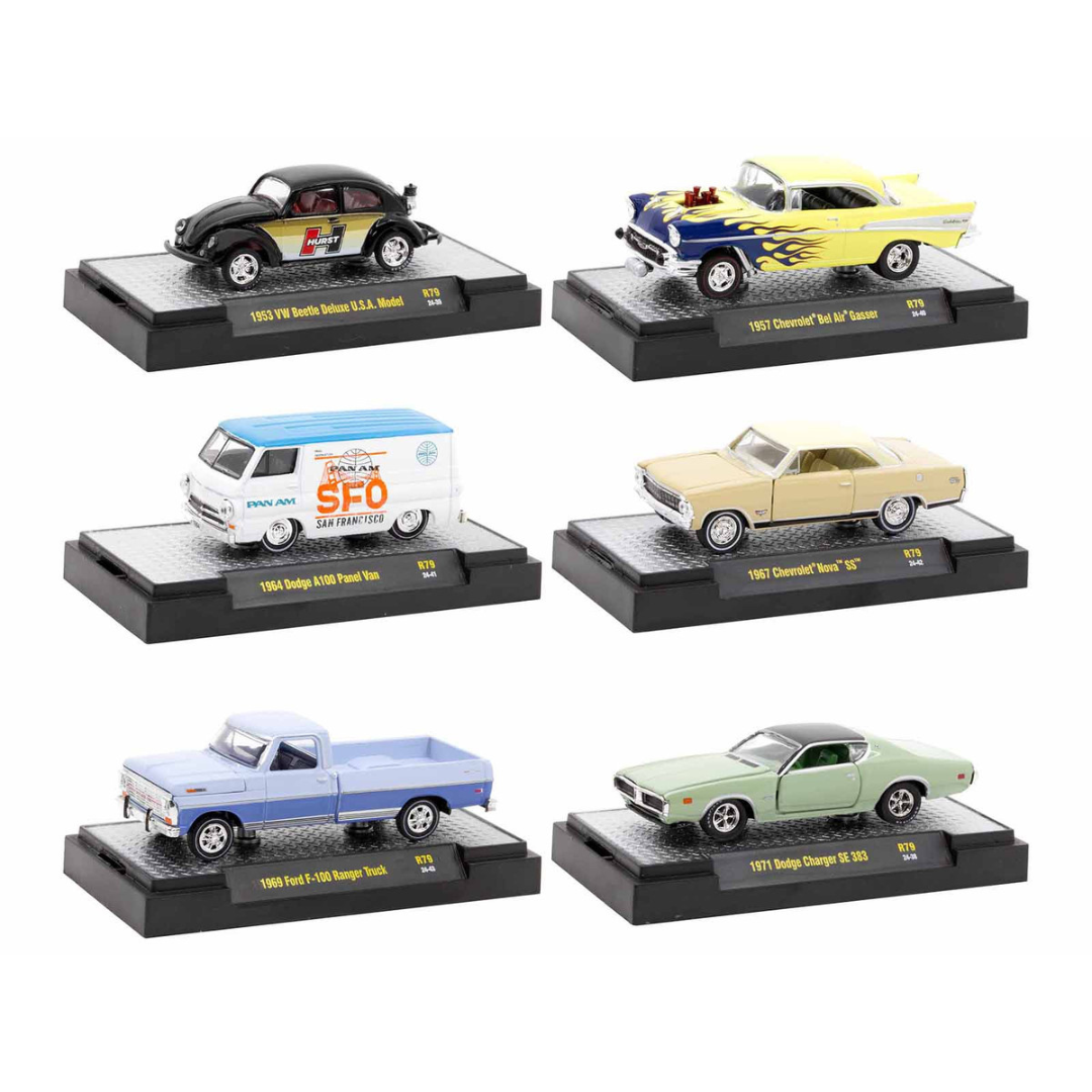 "Auto Meets" Set of 6 Cars IN DISPLAY CASES Release 79 Limited Edition 1/64 Diecast Model Cars