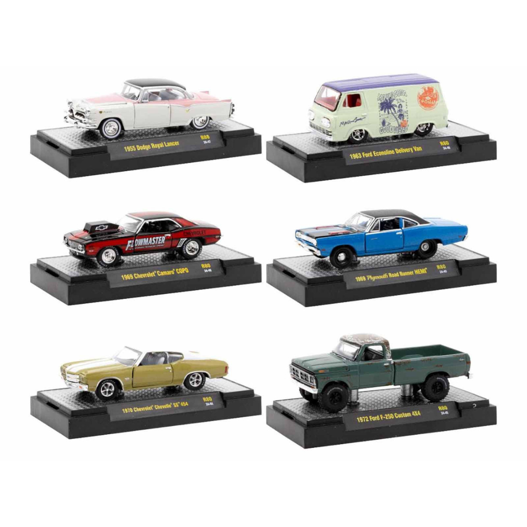 "Auto Meets" Set of 6 Cars IN DISPLAY CASES Release 80 Limited Edition 1/64 Diecast Model Cars