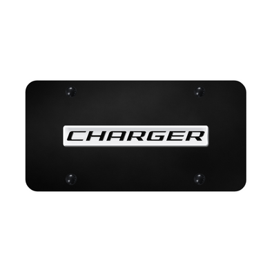 Charger Script License Plate - Chrome on Black