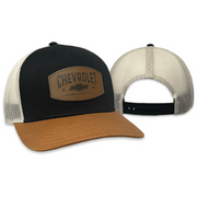 chevrolet-heritage-bowtie-leather-patch-beige-gold-cap-with-charcoal-mesh-snap-back-ch2703-corvette-store-online