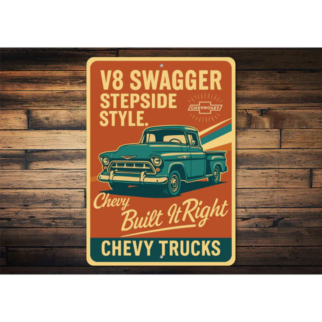 Chevy Trucks V8 Swagger Stepside Style Built It Right Sign