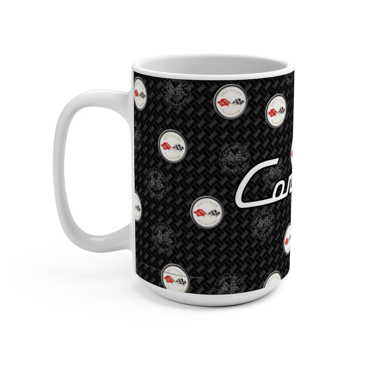 Corvette C1 15oz Ceramic Mug – Corvette Script & C1 Logos on Carbon Background, Perfect Corvette Fan Gift