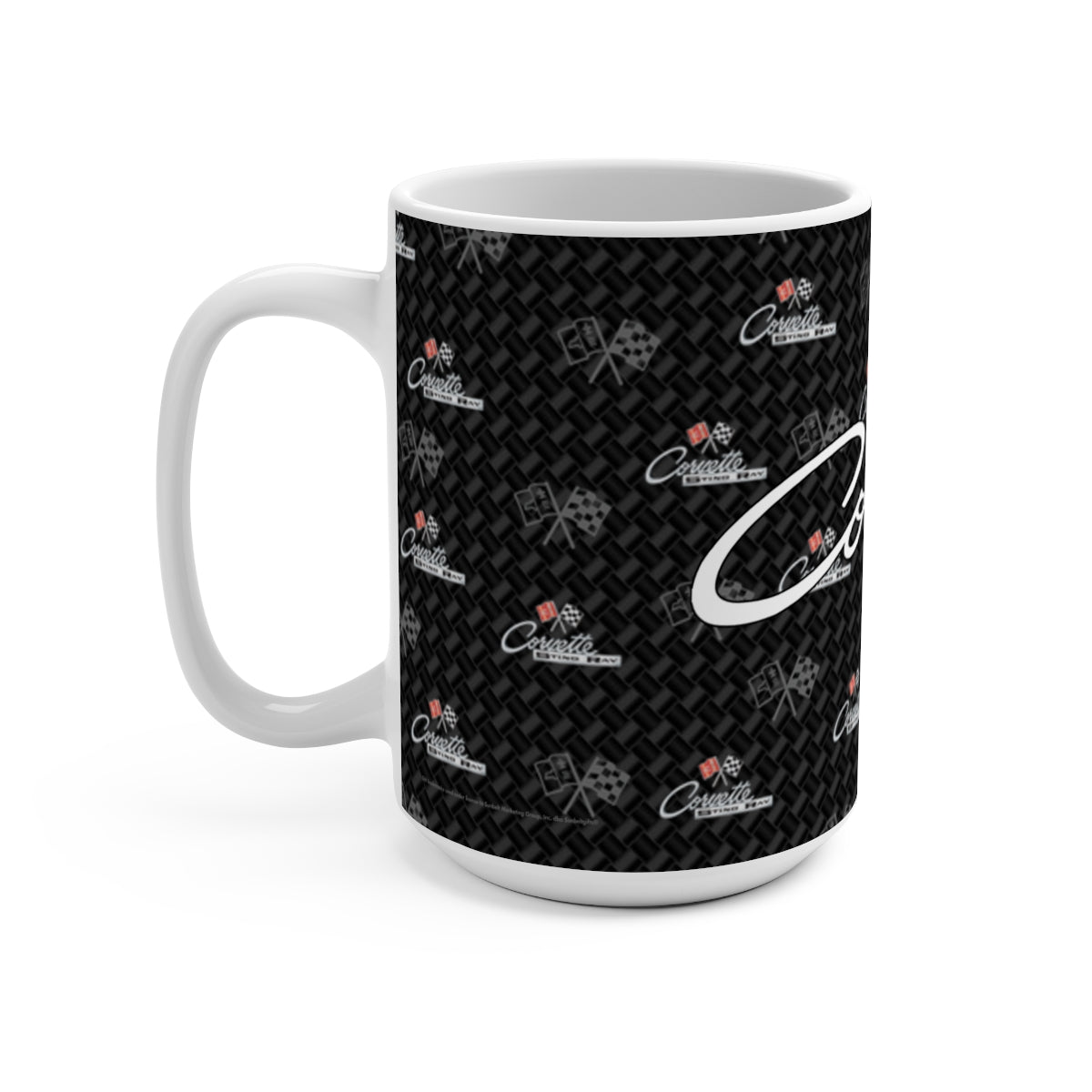 Corvette C2 15oz Ceramic Mug – Corvette Script & C2 Logos on Carbon Background