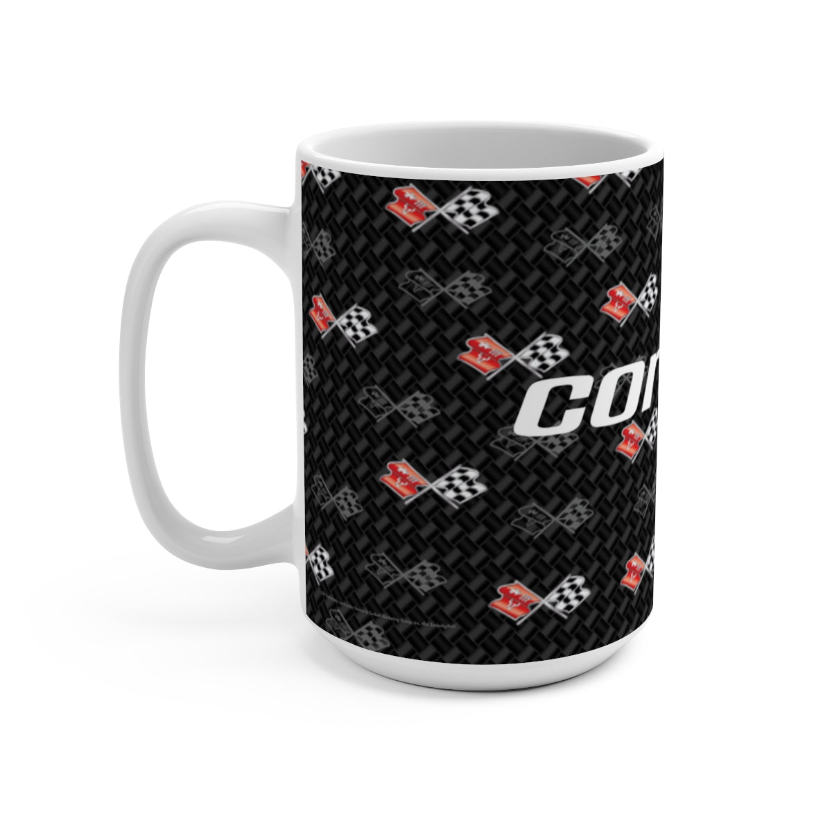 Corvette C3 15oz Ceramic Mug – Corvette Script & C3 Logos on Carbon Background, Perfect Corvette Fan Gift