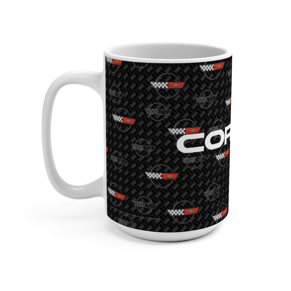 Corvette C4 15oz Ceramic Mug – Corvette Script & C4 Logos on Carbon Background, Perfect Corvette Fan Gift