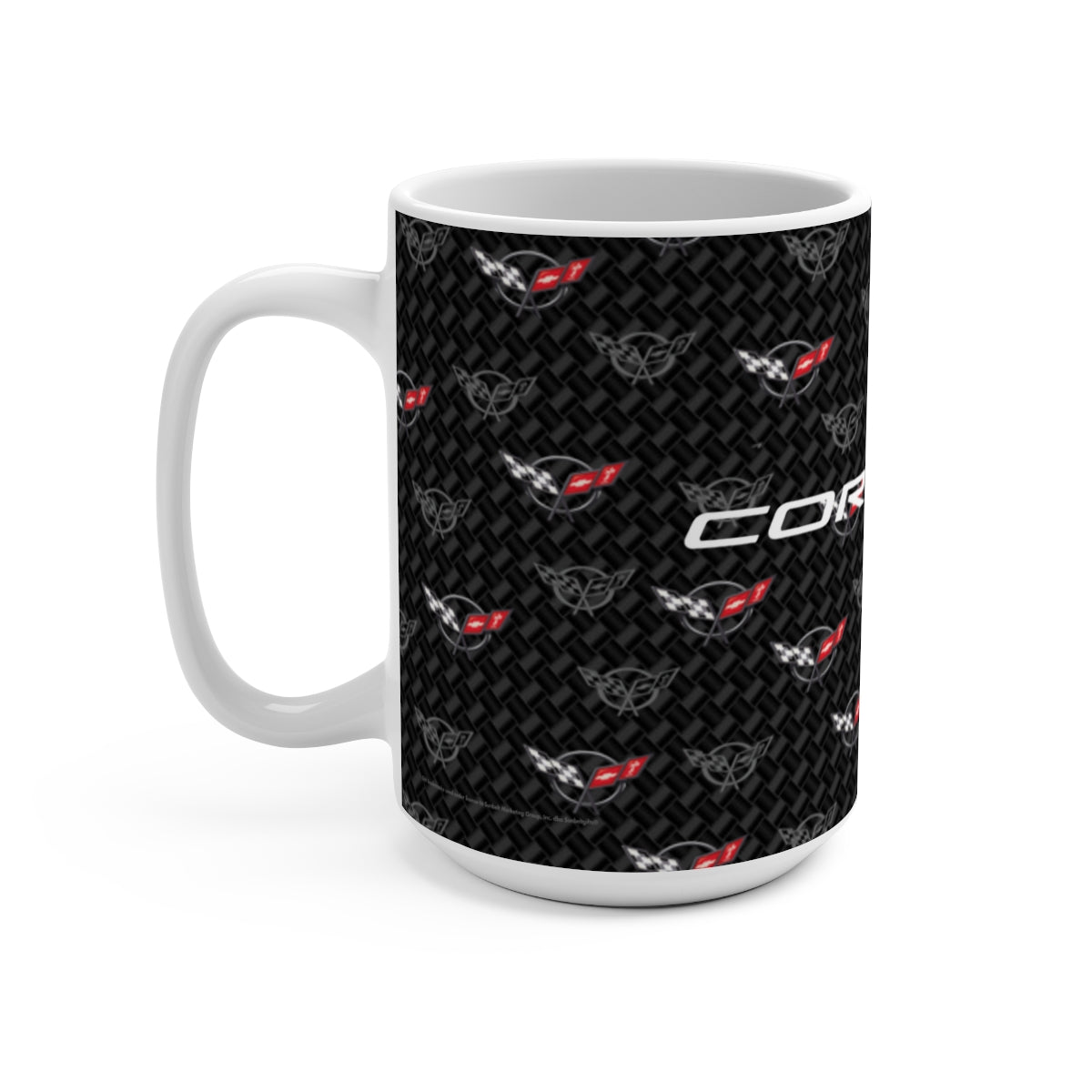 Corvette C5 15oz Ceramic Mug – Corvette Script & C5 Logos on Carbon Background, Perfect Corvette Fan Gift