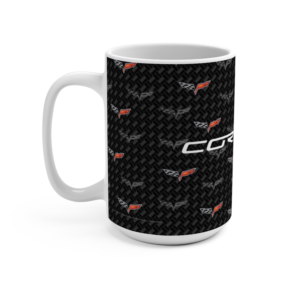 Corvette C6 15oz Ceramic Mug – Corvette Script & C6 Logos on Carbon Background, Perfect Corvette Fan Gift