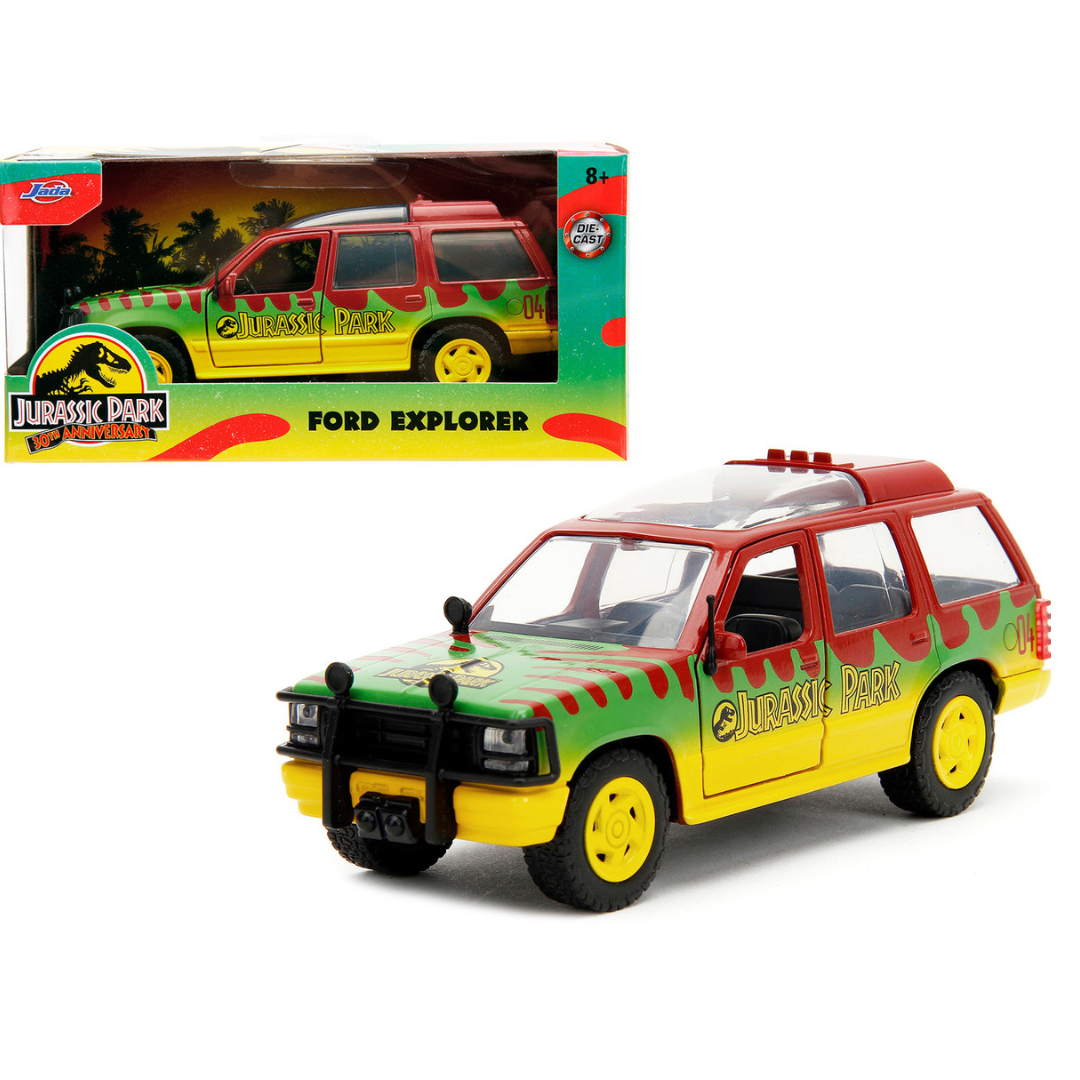 ford-explorer-red-and-yellow-with-green-graphics-jurassic-park-1993-movie-30th-anniversary-hollywood-rides-series-1-32-diecast-model-car-by-jada-ja31956-classic-auto-store-online