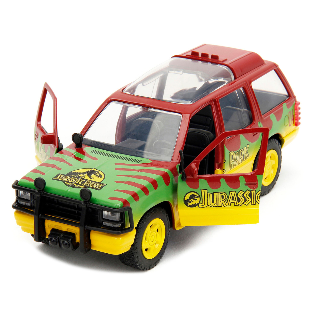 ford-explorer-red-and-yellow-with-green-graphics-jurassic-park-1993-movie-30th-anniversary-hollywood-rides-series-1-32-diecast-model-car-by-jada-ja31956-classic-auto-store-online