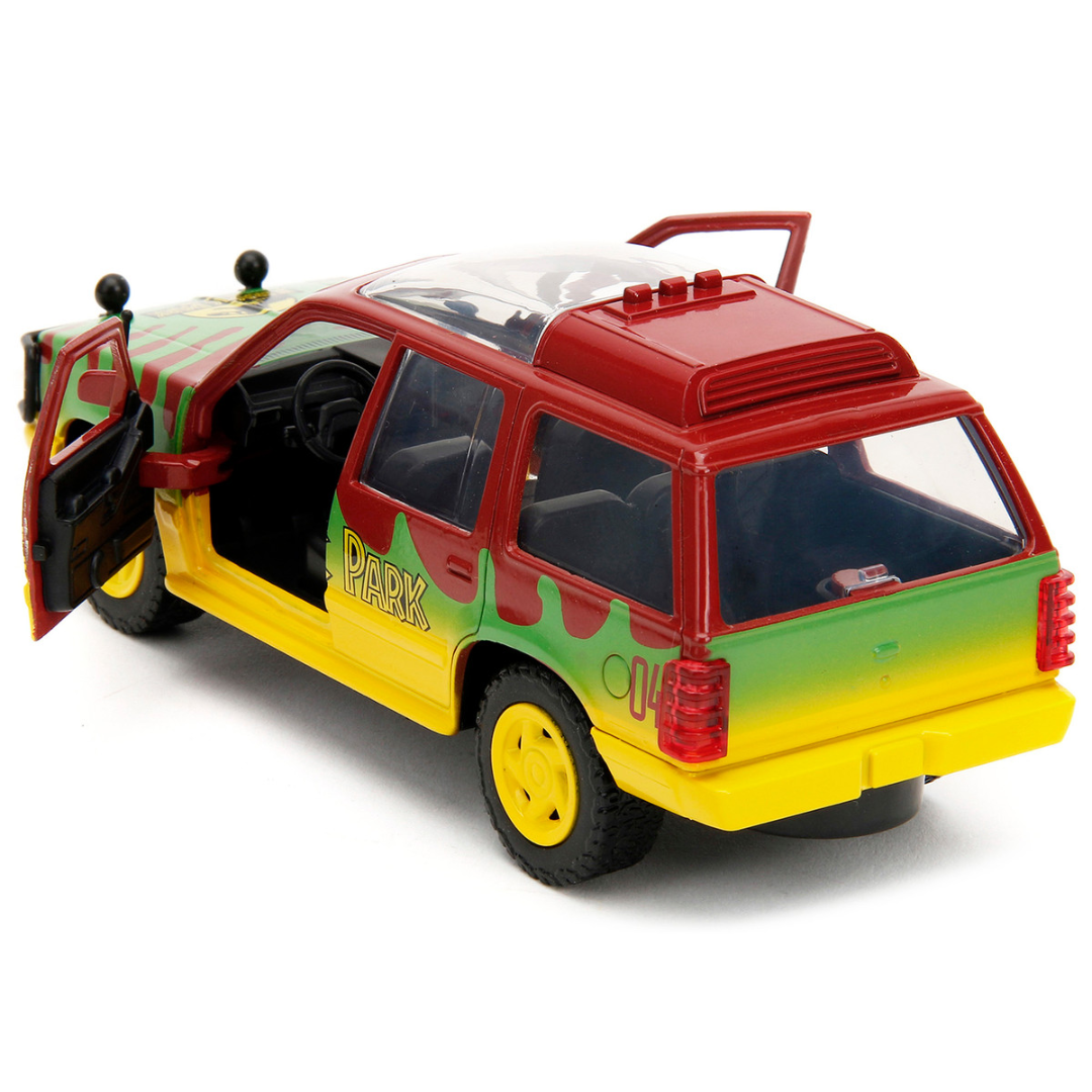 ford-explorer-red-and-yellow-with-green-graphics-jurassic-park-1993-movie-30th-anniversary-hollywood-rides-series-1-32-diecast-model-car-by-jada-ja31956-classic-auto-store-online