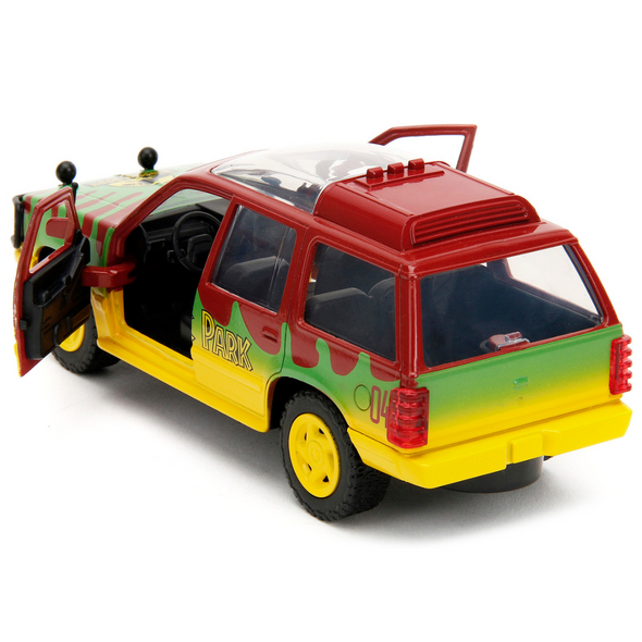 ford-explorer-red-and-yellow-with-green-graphics-jurassic-park-1993-movie-30th-anniversary-hollywood-rides-series-1-32-diecast-model-car-by-jada-ja31956-classic-auto-store-online