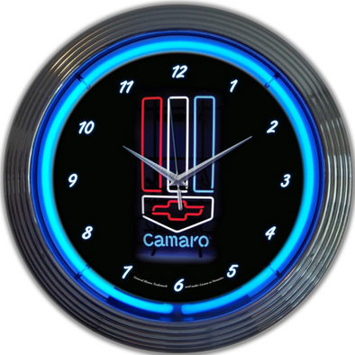 GM CAMARO RED, WHITE & BLUE NEON CLOCK