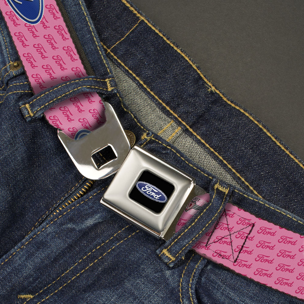 Ford Oval Full Color Black Blue Seatbelt Belt - Ford Oval w/Text PINK REPEAT Webbing