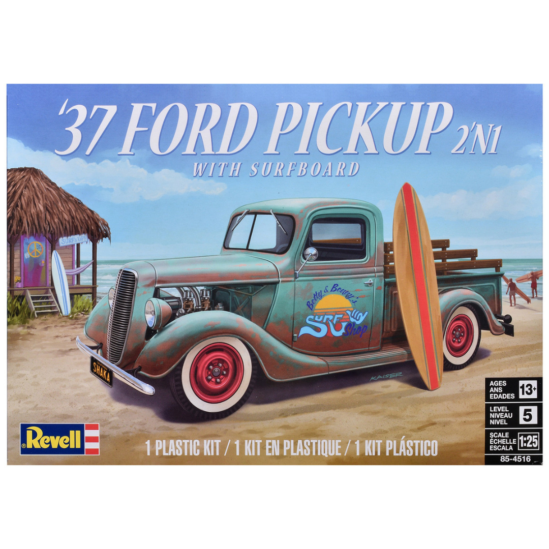 Level 5 Model Kit 1937 Ford Pickup Truck with Surfboard 2-in-1 Kit 1/25 Scale Model