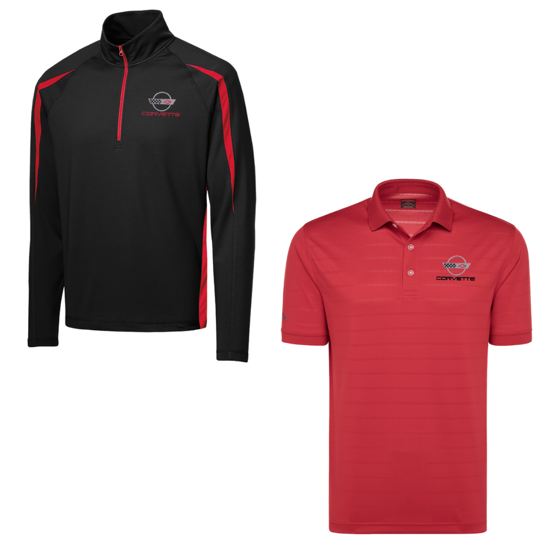 C4 Men's Corvette Stretch Half Zip Pullover & Callaway Opti-Vent Golf Polo Shirt Bundle - Red