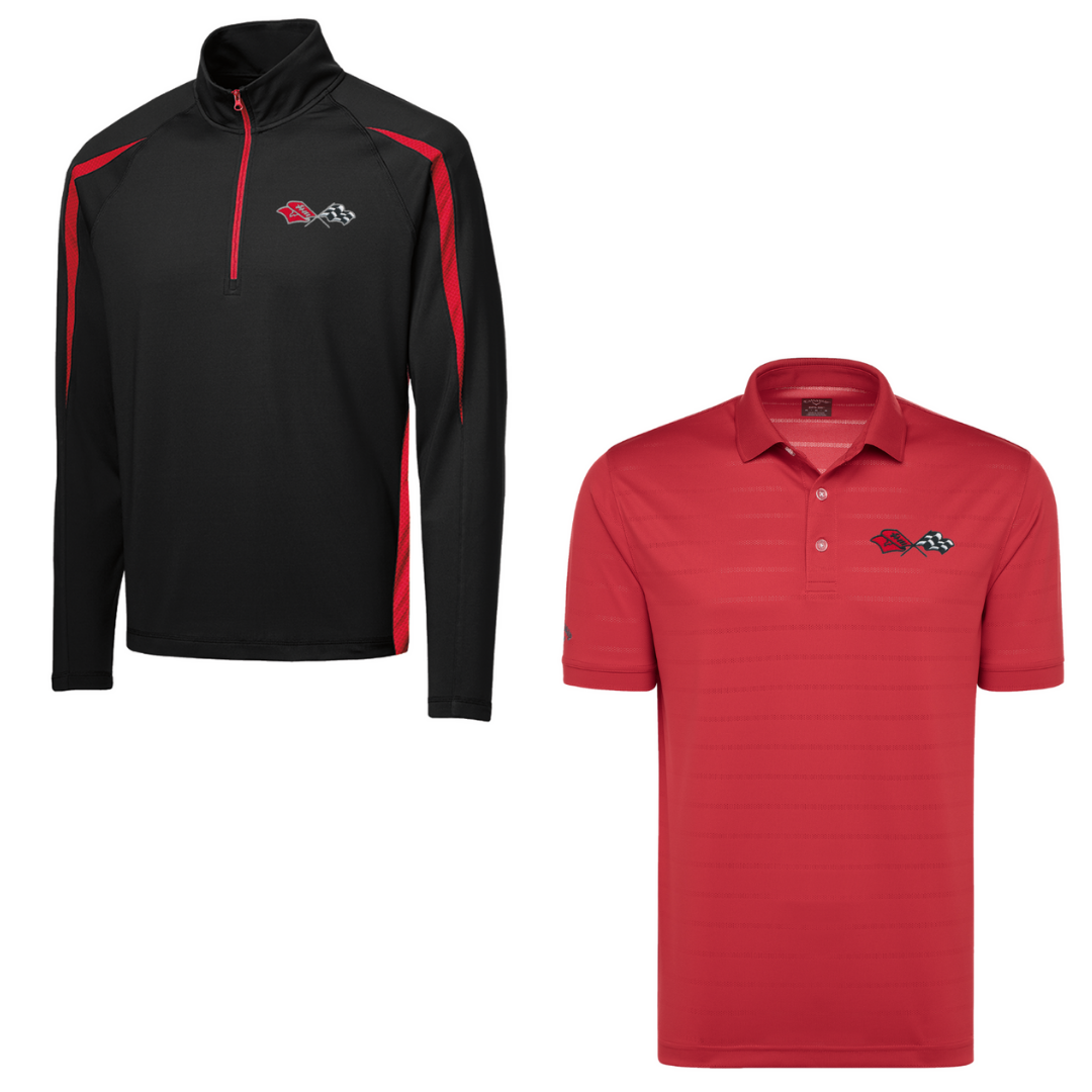 C3 Men's Corvette Stretch Half Zip Pullover & Callaway Opti-Vent Golf Polo Shirt Bundle - Red