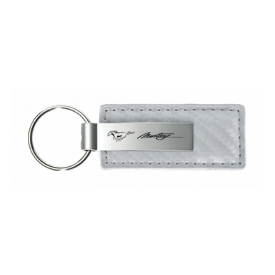 Mustang Script Carbon Fiber Leather Key Fob in White