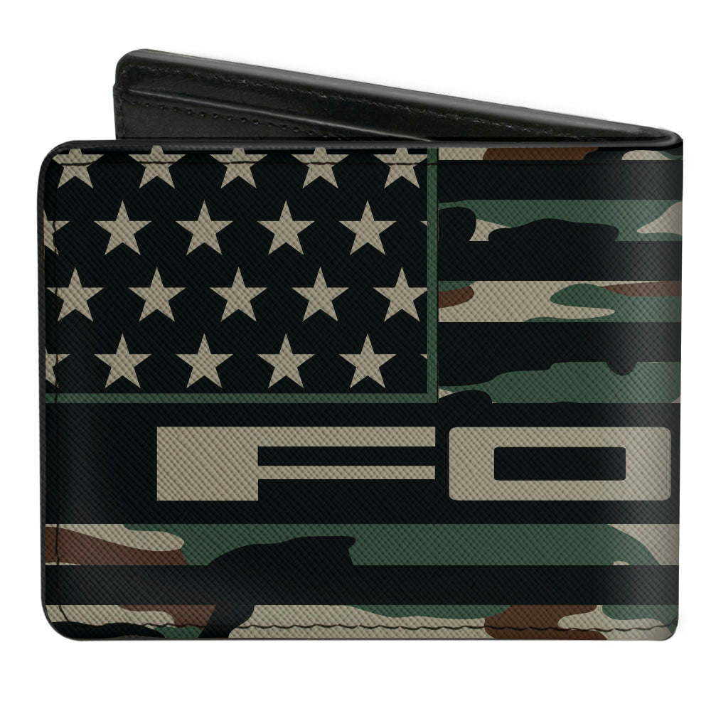 Ford Script American Flag Weathered Camo Bi-Fold Wallet - Olive & Tan