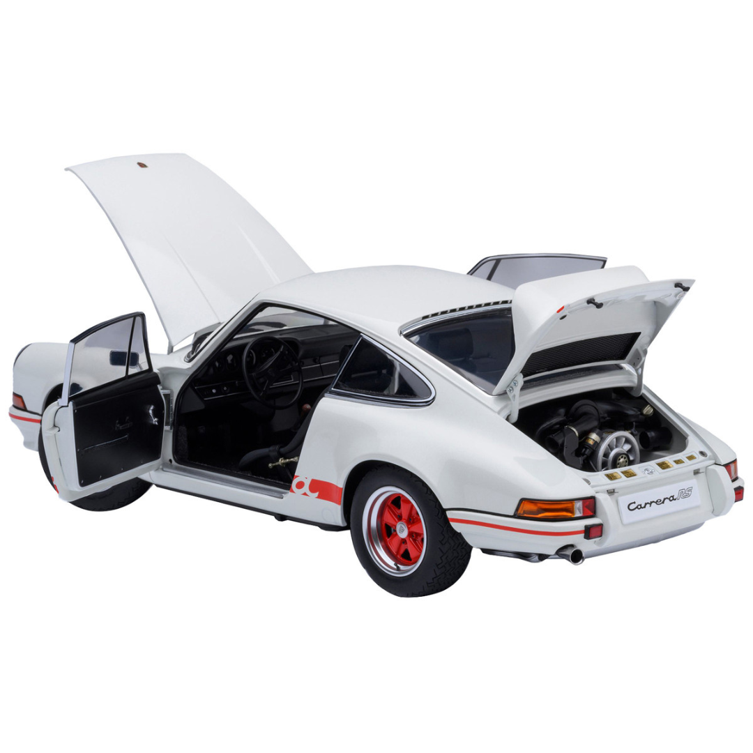 Porsche 911 Carrera 2.7 RS Grand Prix White with Red Stripes and Wheels 1/18 Model Car