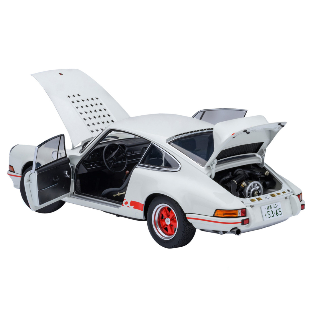 Porsche 911 Carrera 2.7 RS "The Circuit Wolf" White with Red Stripes and Wheels with Hood Graphics 1/18 Model Car