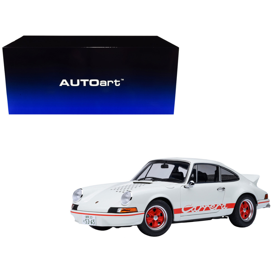 Porsche 911 Carrera 2.7 RS "The Circuit Wolf" White with Red Stripes and Wheels with Hood Graphics 1/18 Model Car