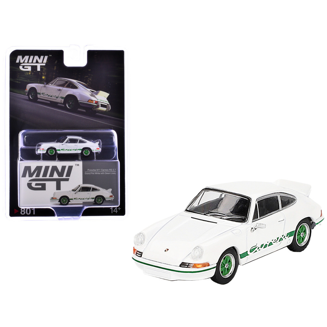 Porsche 911 Carrera RS 2.7 Grand Prix White with Green Stripes and Wheels Limited Edition 1/64 Diecast Model Car