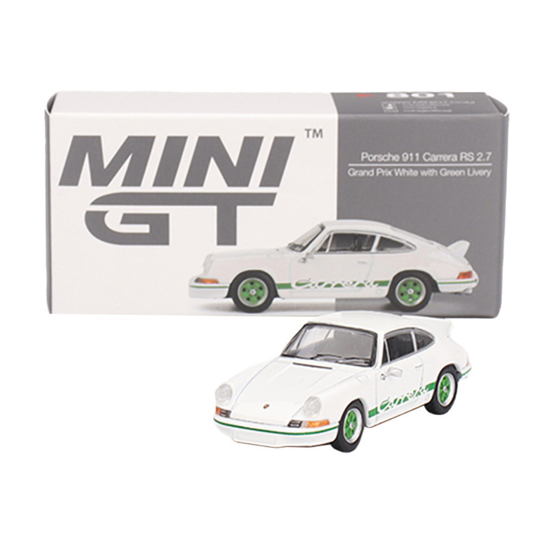 Porsche 911 Carrera RS 2.7 Grand Prix White with Green Stripes and Wheels Limited Edition 1/64 Diecast Model Car