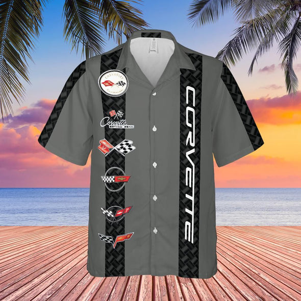Corvette Generations Logo Front Button Hawaiian Style Short Sleeve Shirt