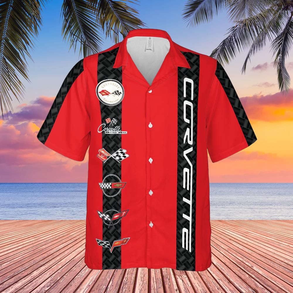 Corvette C1-C6 Logos Red Base with Carbon Stripes Hawaiian Shirt for Men