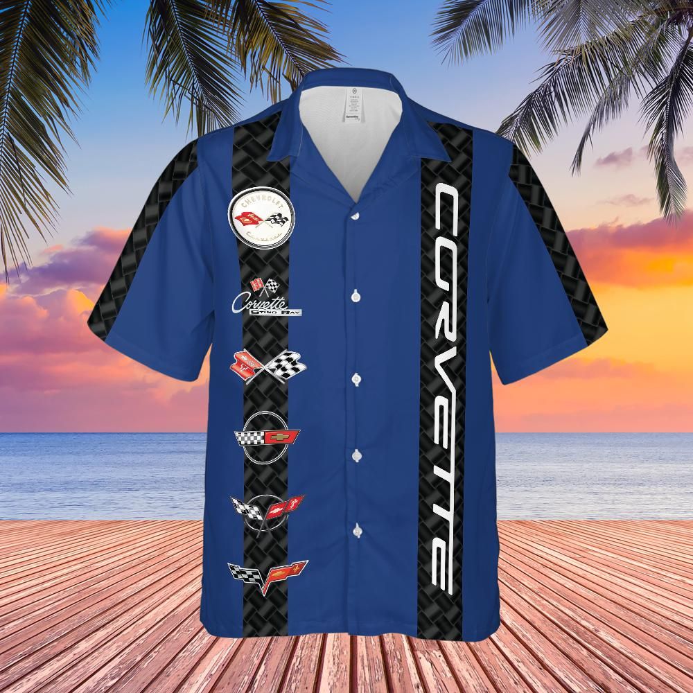 Corvette C1-C6 Logos Blue Base with Carbon Stripes Hawaiian Shirt for Men