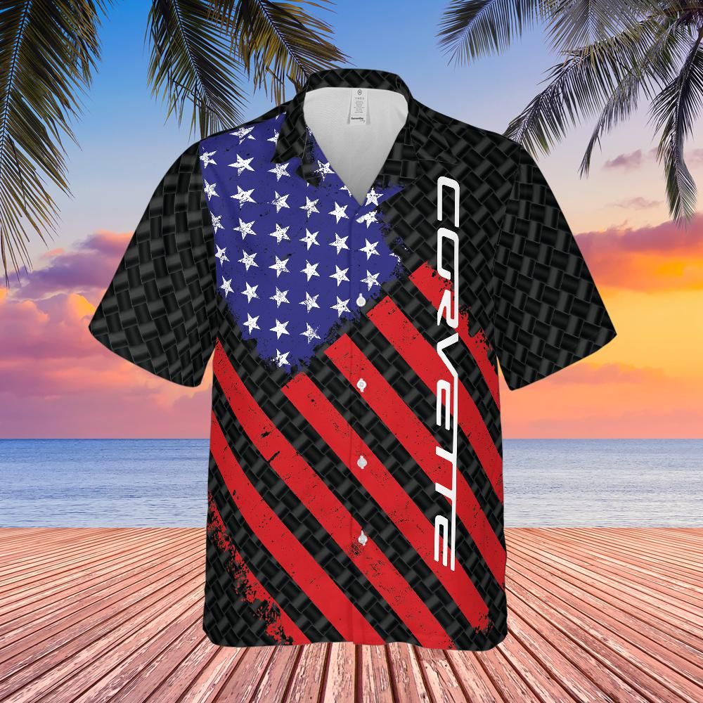 Corvette Script American Flag Carbon Hawaiian Shirt