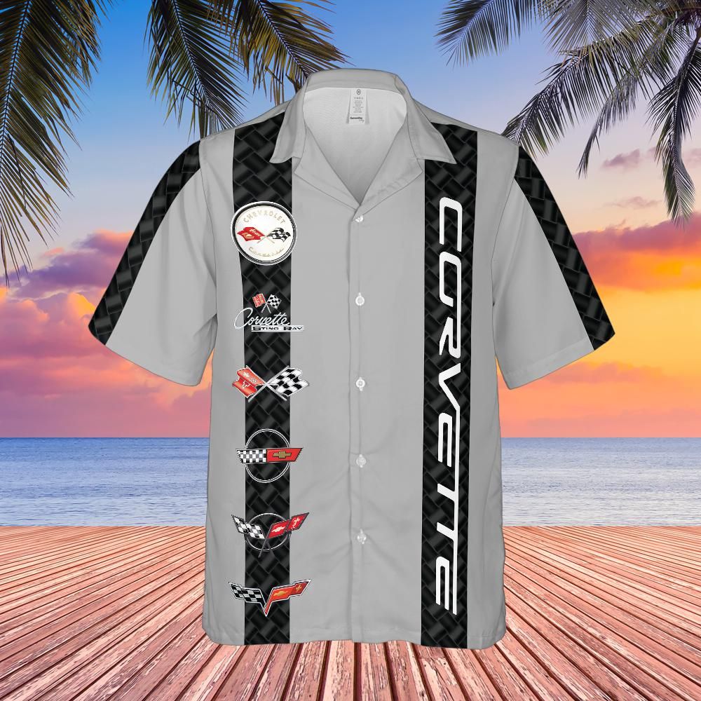 Corvette C1-C6 Logos Light Grey Base with Carbon Stripes Hawaiian Shirt for Men
