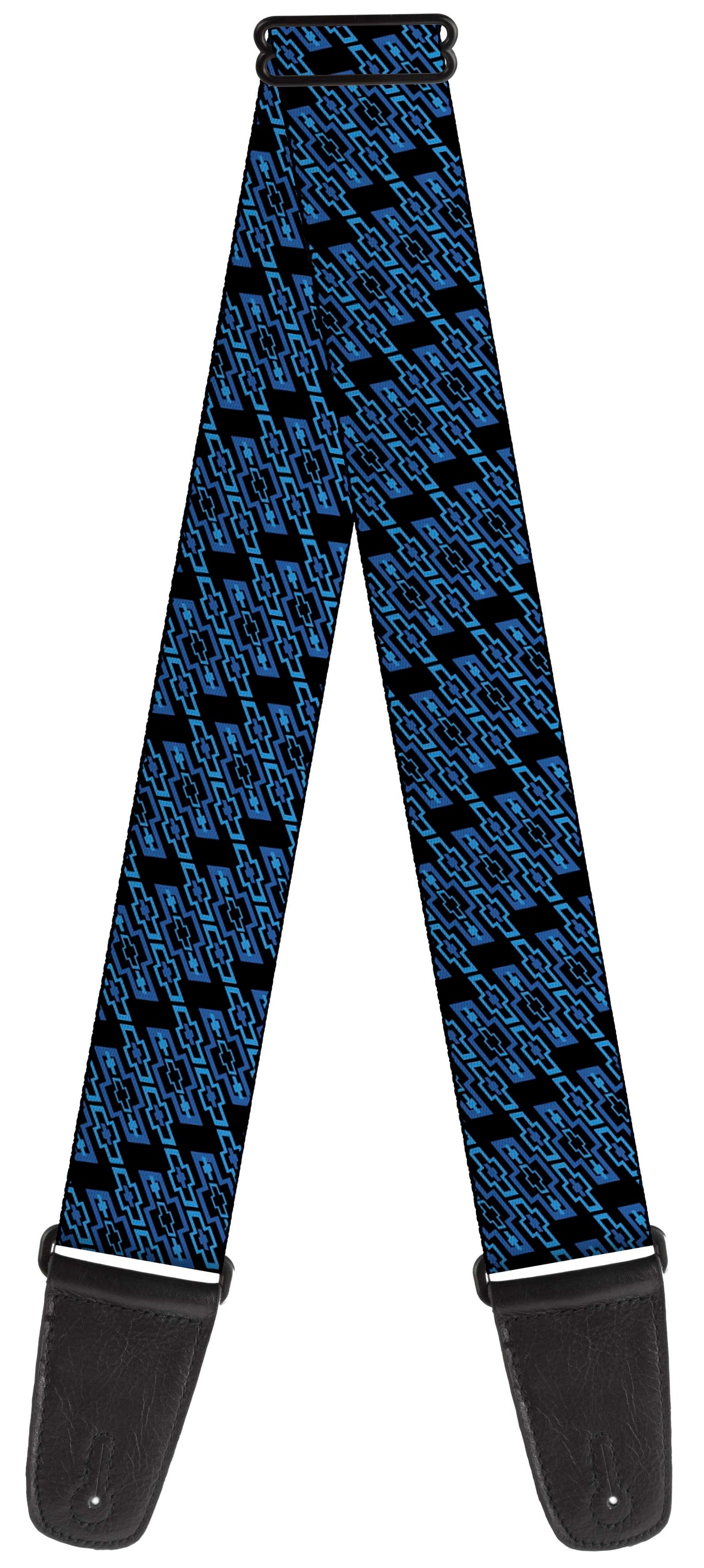 Diagonal Retro Chevy Bowtie Monogram Black & Blues Guitar Strap