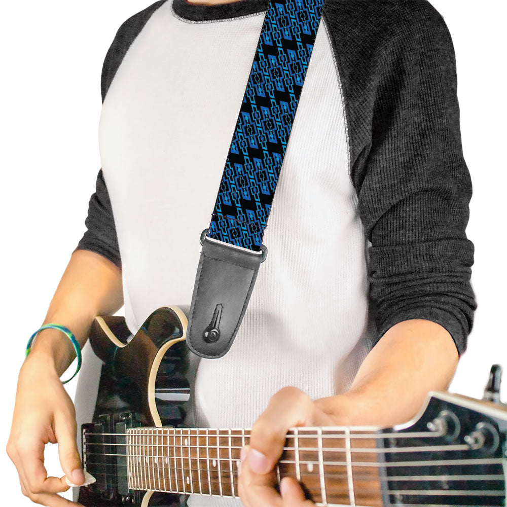 Diagonal Retro Chevy Bowtie Monogram Black & Blues Guitar Strap