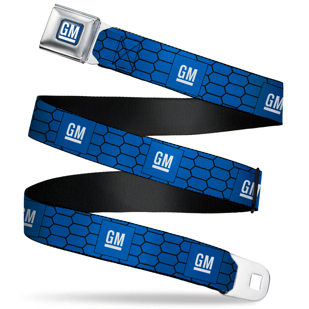 GM Bug Logo Full Color Blue Gradient/White Seatbelt Belt - GM Bug Logo Honeycomb Grill Blue/Black/White Webbing