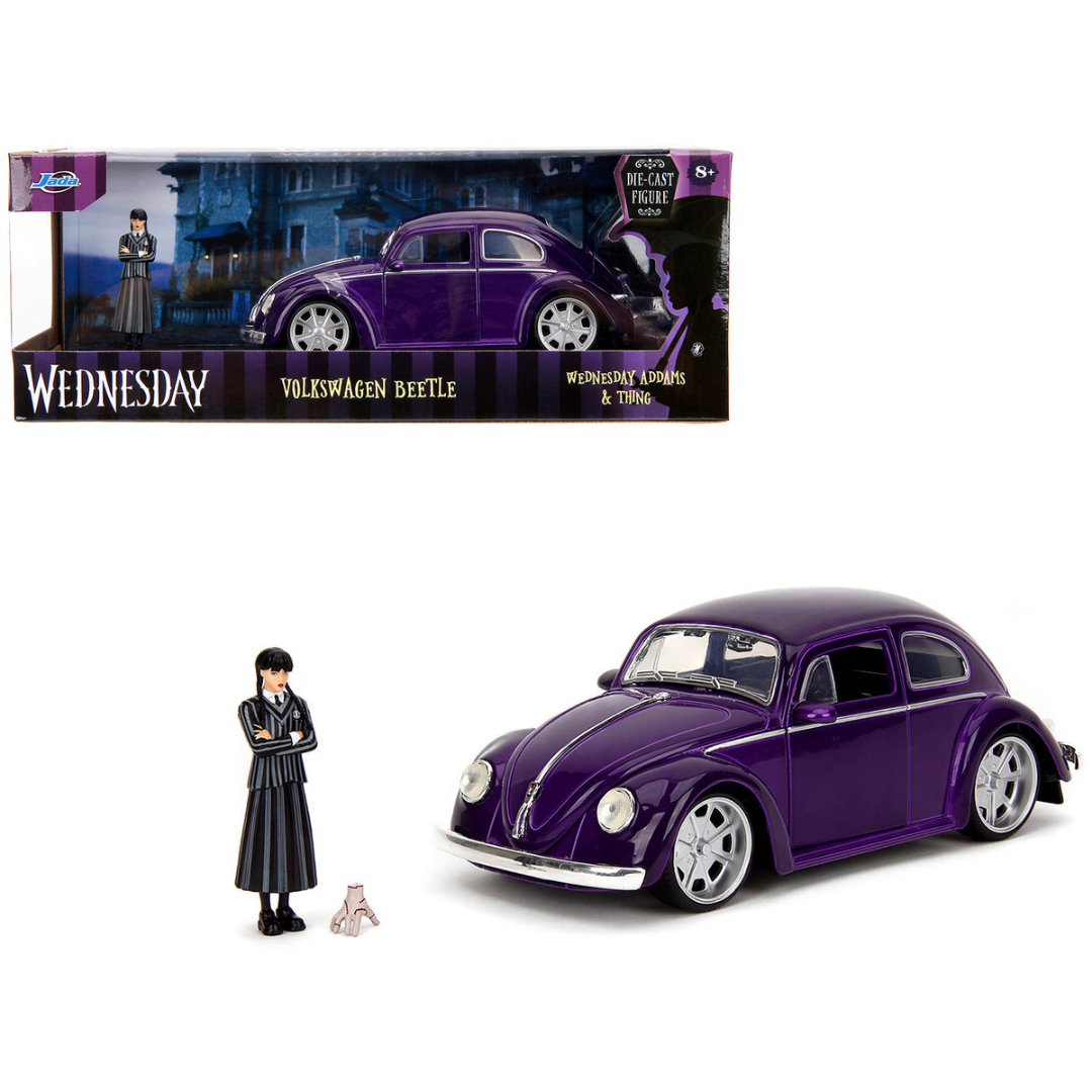 Volkswagen Beetle Purple Metallic and Wednesday Addams Diecast Figure "Wednesday" (2022) TV Series "Hollywood Rides" Series 1/24 Diecast Model Car