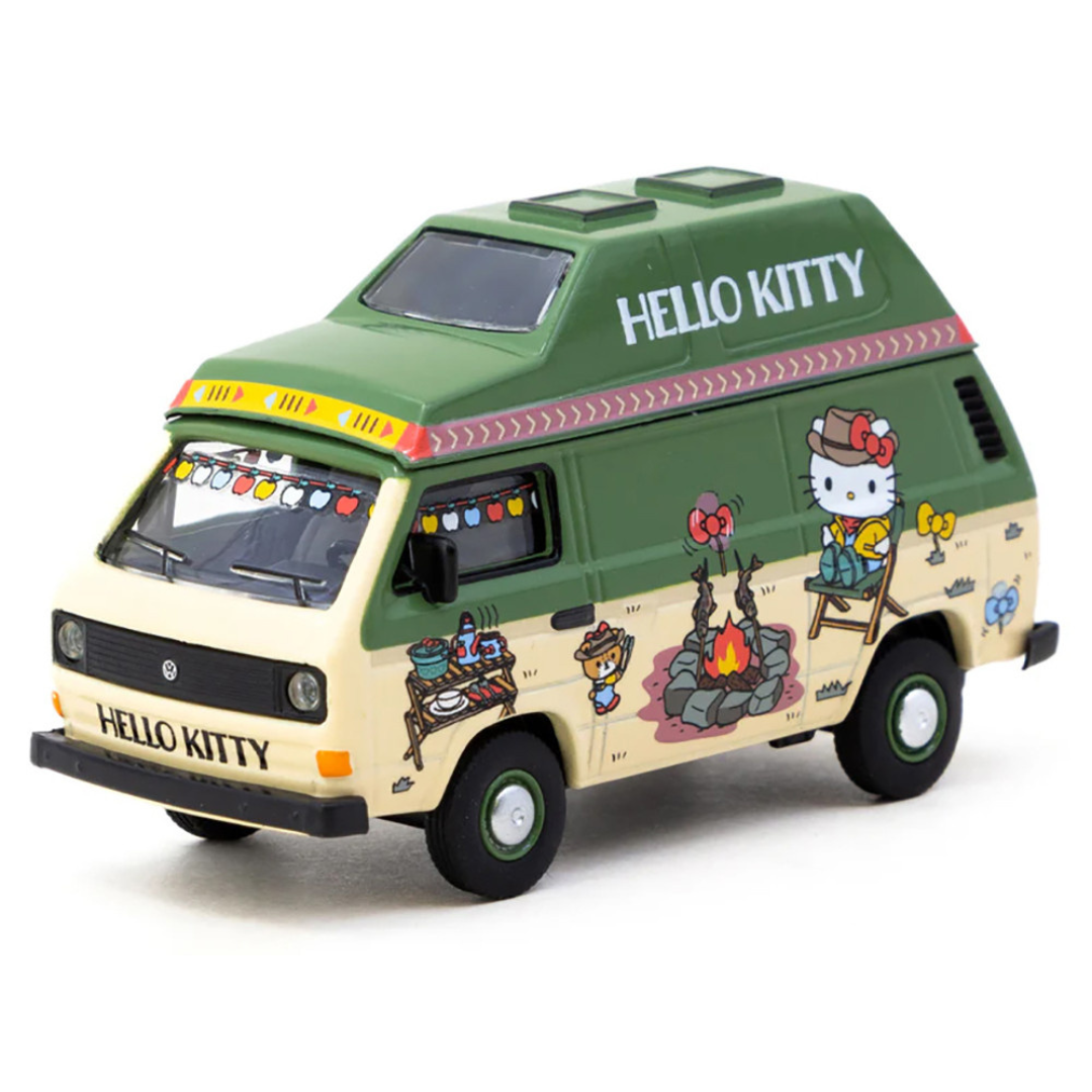Volkswagen T3 Van "Hello Kitty Camping" Green and Beige with Graphics "Collab64" Series 1/64 Diecast Model Car
