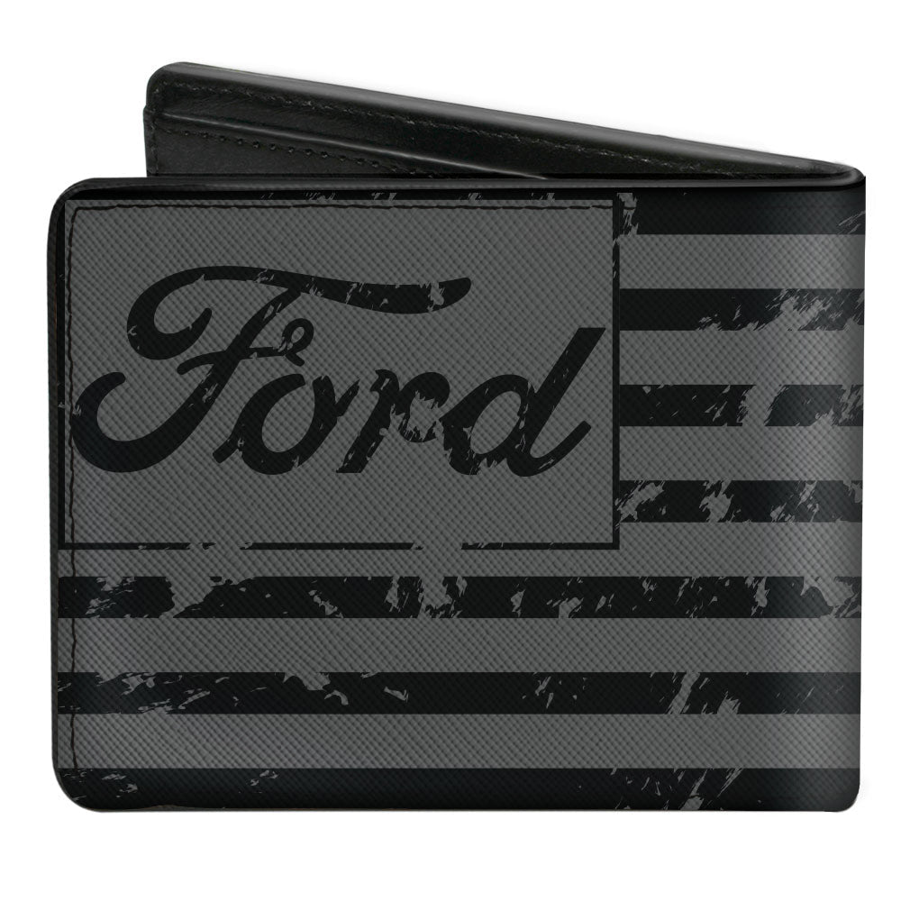 Ford Script American Flag Weathered Black & Gray Bi-Fold Wallet